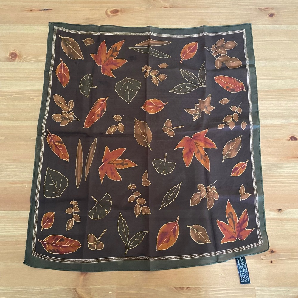 Vintage Brown Green Fall Leaf Print Square Polyester Scarf Small